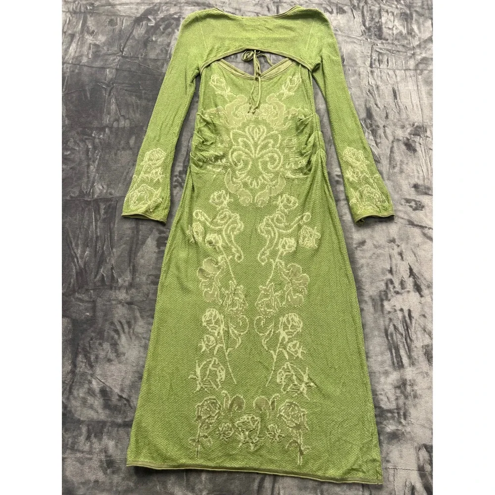 House of Sunny Law of Attraction Green Floral Jacquard Knit Midi Dress US 8 - Picture 3 of 14